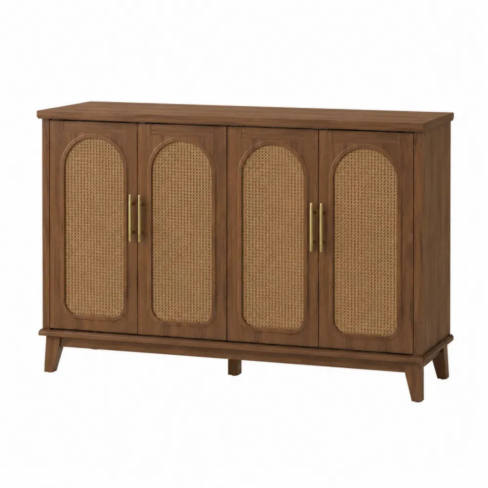 aparador buffet de 4 puertas con rejilla de ratán madera MDF efecto nogal 160 cm x 40 cm x 80 cm estilo natural