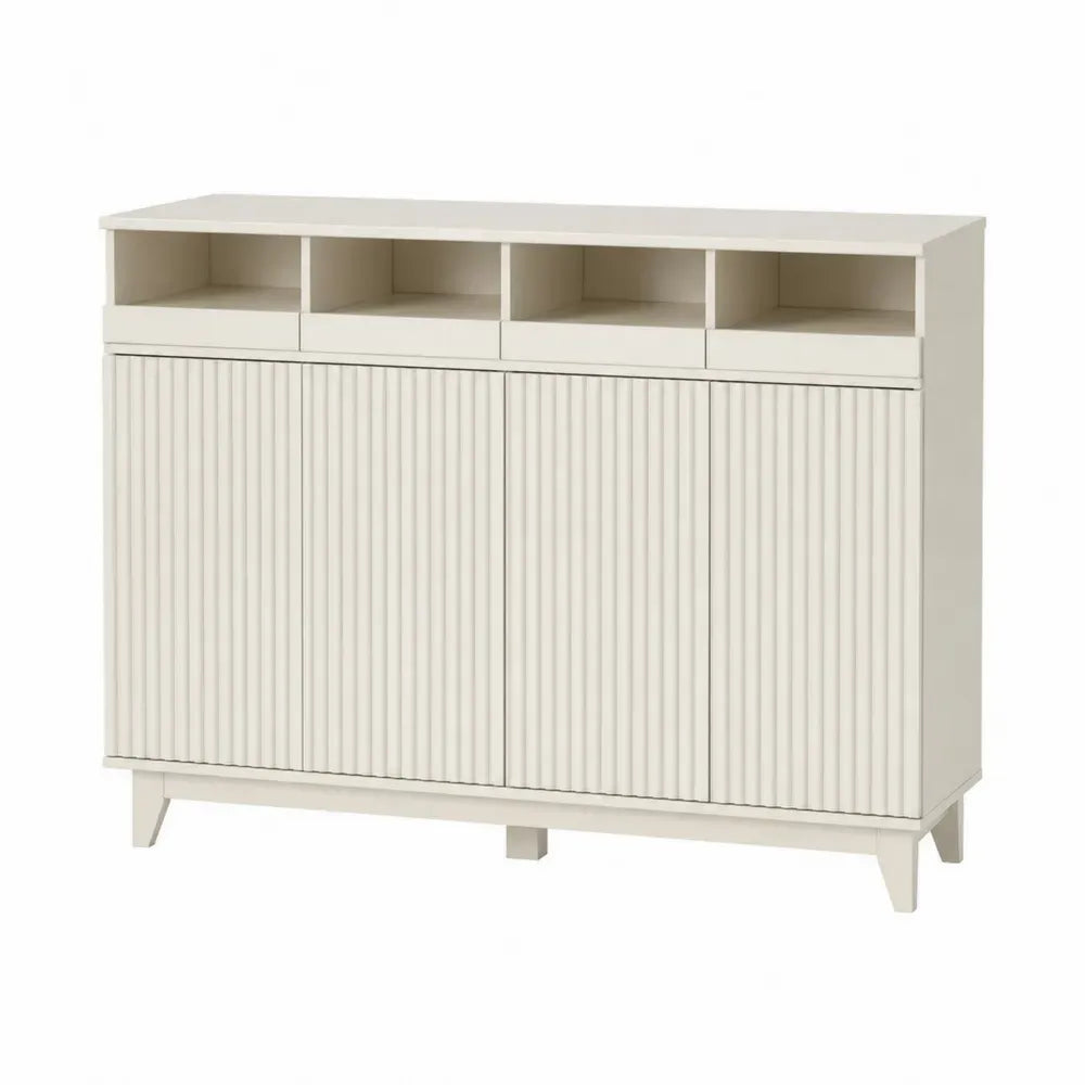 Aparador de MDF beige claro con cuatro puertas acanaladas y cuatro compartimentos superiores abiertos 140 x 40 x 85 cm