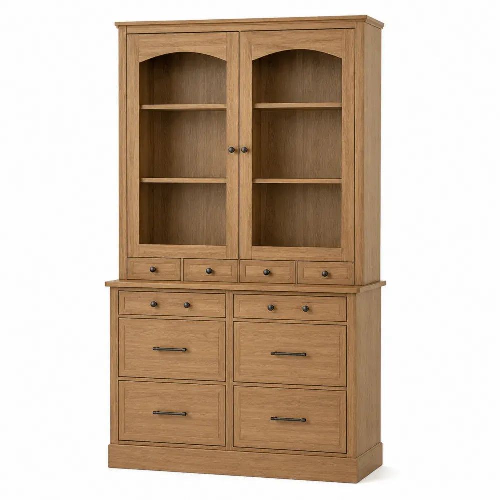 aparador buffet alto de madera natural con vitrinas y 8 cajones 120 cm x 40 cm x 180 cm estilo clásico