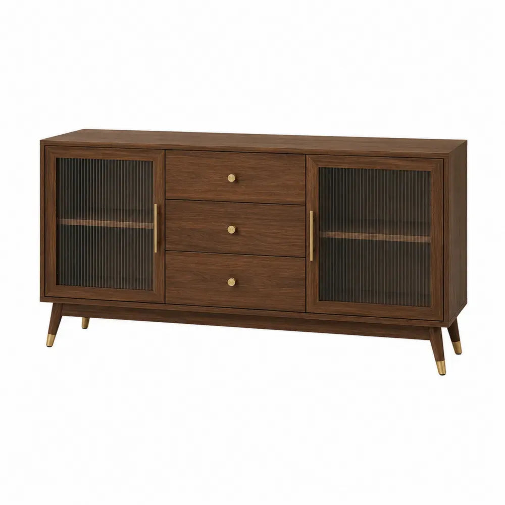 Aparador buffet de MDF con chapa de nogal puertas de vidrio acanalado cajones madera maciza patas 160 cm x 40 cm x 85 cm color marrón nogal