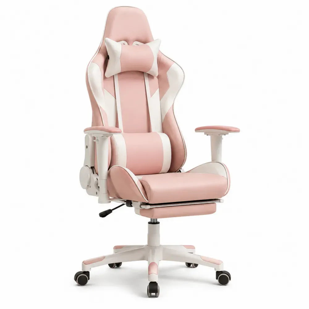 Silla gaming ergonómica giratoria con reposapiés PU rosa blanco con reposacabezas y soporte lumbar 70 x 70 x 125 cm