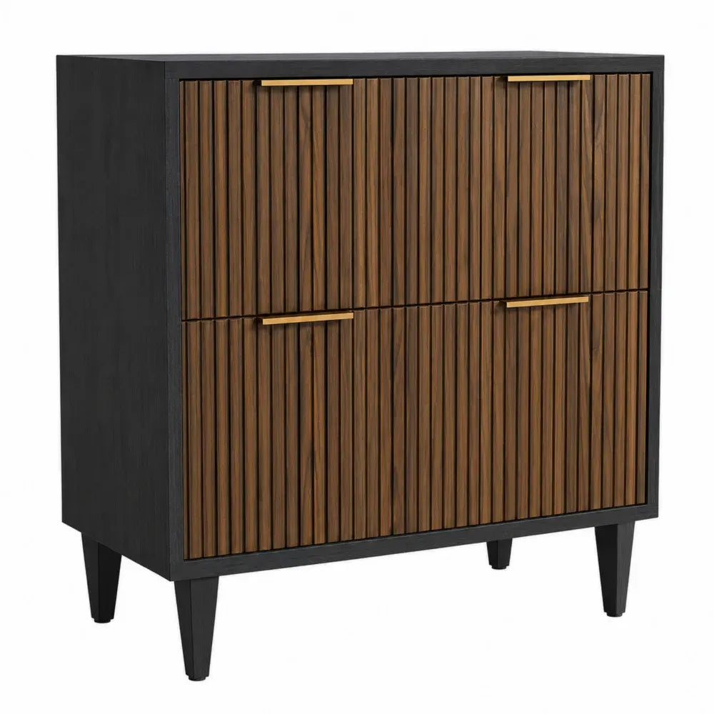 Archivador de oficina con 4 puertas ranuradas de MDF efecto madera marrón estructura negra y tiradores dorados 80 x 40 x 90 cm