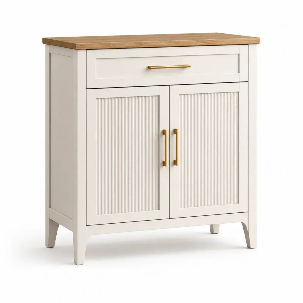 Aparador de comedor de MDF blanco crema con tapa efecto madera natural puertas acanaladas cajón y tiradores dorados 80 x 40 x 85 cm