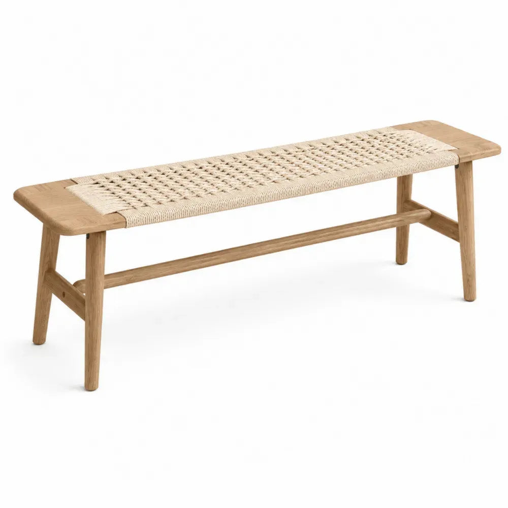 Banco de madera maciza con asiento trenzado de fibra natural estilo nórdico 160 cm x 40 cm x 45 cm color madera natural beige