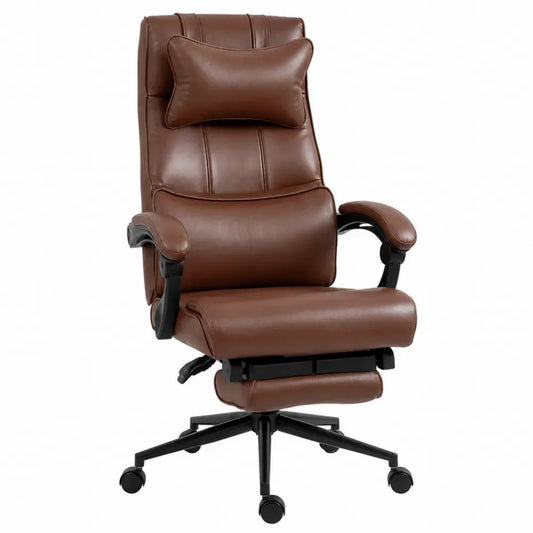 silla de oficina ergonómica reclinable de cuero PU marrón con reposapiés giratorio 360 grados y soporte lumbar estructura negra