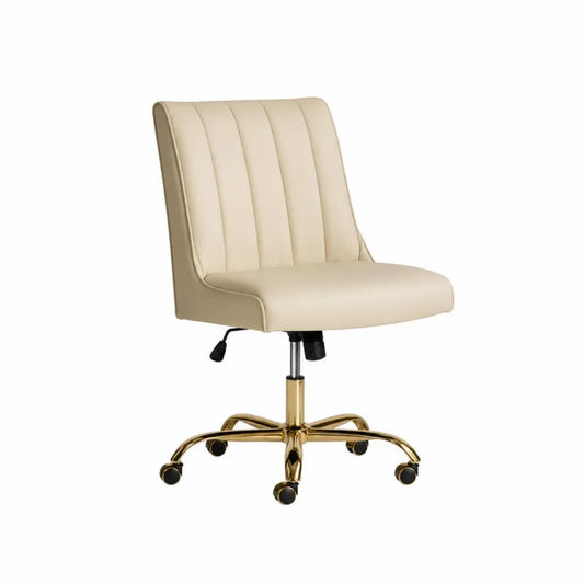 Silla de oficina giratoria tapizada PU beige con base metálica dorada y ruedas 55 x 55 x 85 cm