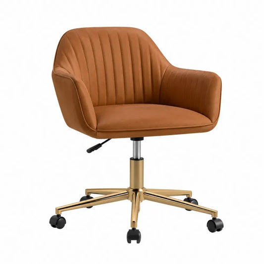 Silla de oficina giratoria ajustable en altura con reposabrazos tapizado de poliéster marrón base de acero dorada y ruedas 60 x 60 x 90 cm