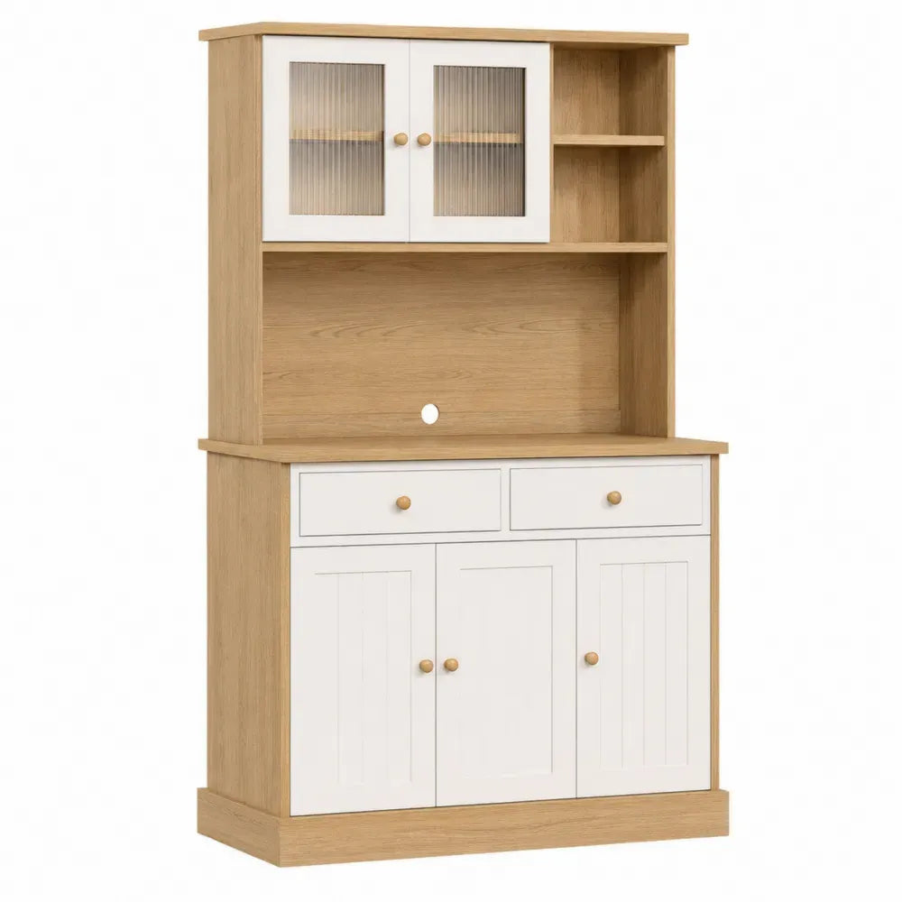 Aparador alto de MDF acabado roble natural y blanco con puertas de vidrio acanalado cajones y estantes 90 x 40 x 170 cm