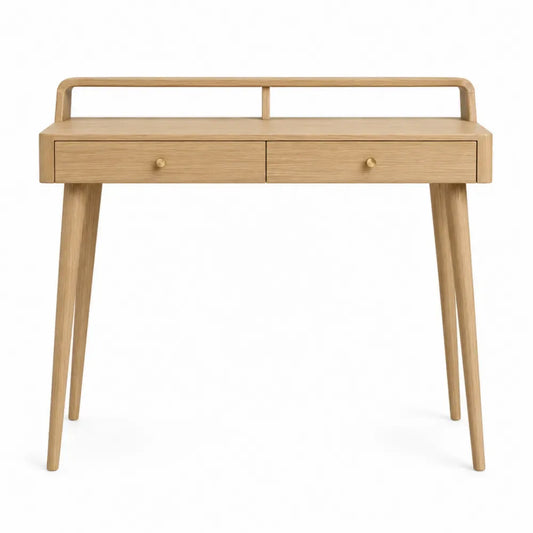 Mesa consola de MDF con chapa de madera natural dos cajones estante abierto y patas inclinadas 100 x 35 x 85 cm