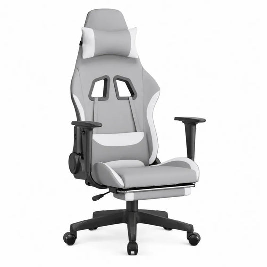 Silla gaming de oficina giratoria con ruedas PU gris blanco negro con reposacabezas y soporte lumbar 65 x 65 x 125 cm