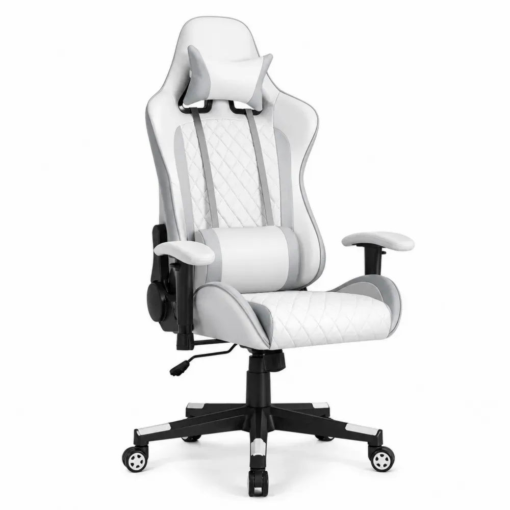 Silla de oficina tipo gaming reclinable de cuero PU blanco y gris con reposacabezas soporte lumbar y ruedas 65 x 65 x 125 cm