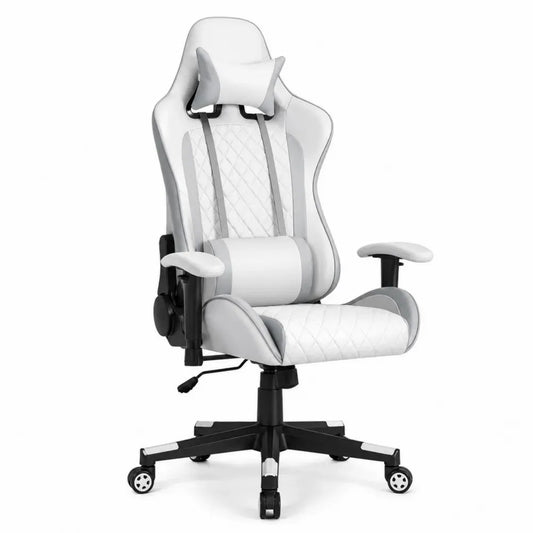 Silla de oficina tipo gaming reclinable de cuero PU blanco y gris con reposacabezas soporte lumbar y ruedas 65 x 65 x 125 cm