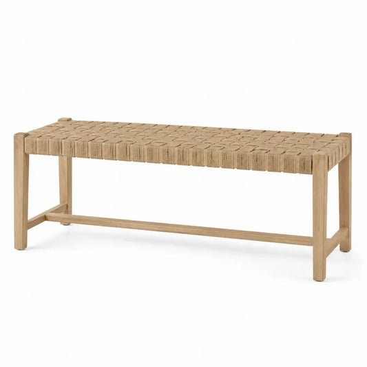 Banco rectangular con asiento de cordón de papel trenzado y estructura de madera maciza de roble natural beige 120 x 35 x 45 cm