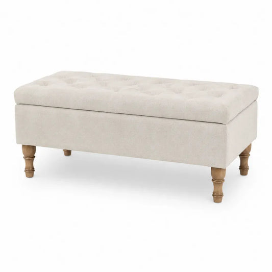 Banco otomano rectangular con almacenaje tapizado en tejido de poliéster patas de madera maciza 100 cm x 60 cm x 45 cm color beige madera natural