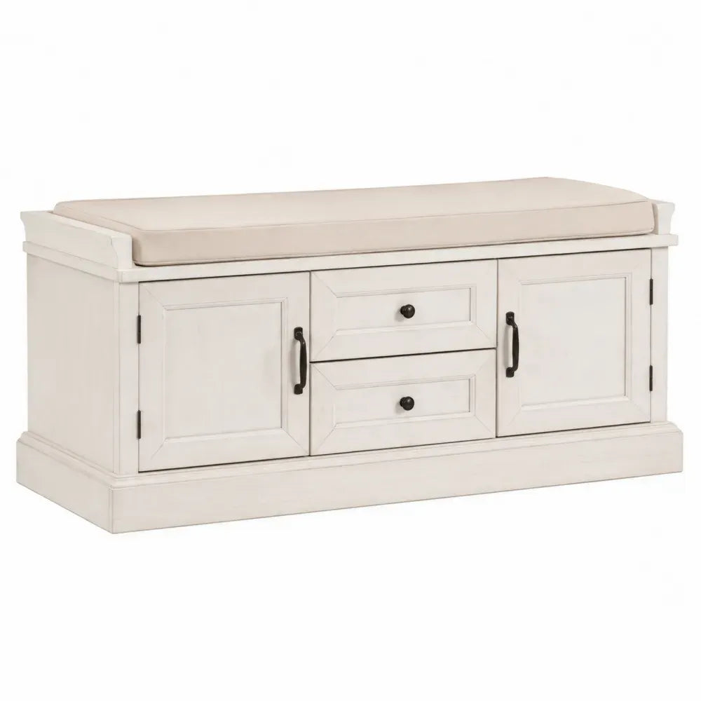 Banco de almacenamiento tapizado con cojín MDF color blanco con puertas y cajones 130 x 45 x 50 cm