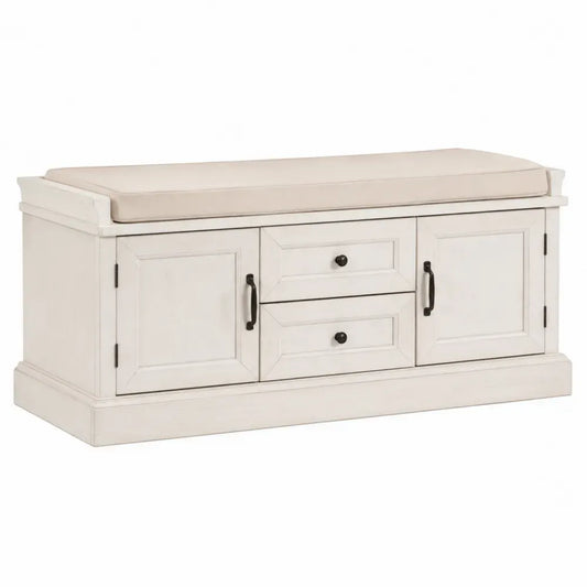 Banco de almacenamiento tapizado con cojín MDF color blanco con puertas y cajones 130 x 45 x 50 cm