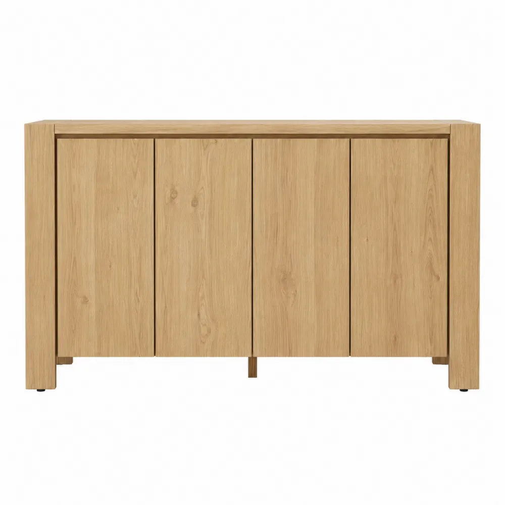 Aparador de comedor de MDF con acabado roble natural cuatro puertas y baldas interiores 160 x 40 x 80 cm