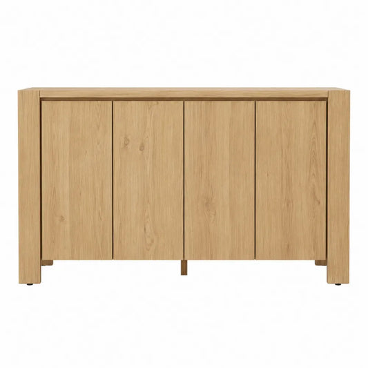 Aparador de comedor de MDF con acabado roble natural cuatro puertas y baldas interiores 160 x 40 x 80 cm