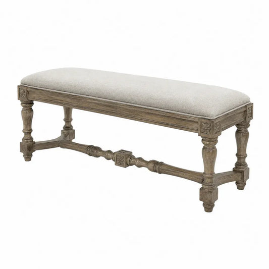 Banco tapizado rectangular en tejido de poliéster beige con estructura tallada de madera maciza grisácea 130 x 45 x 50 cm