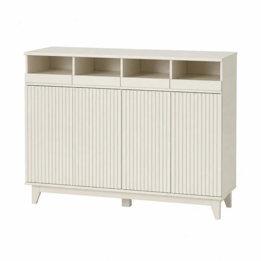 Aparador de MDF beige claro con cuatro puertas acanaladas y cuatro compartimentos superiores abiertos 140 x 40 x 85 cm