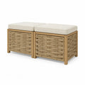 Banco doble de madera maciza con asiento acolchado y laterales trenzados fibra natural 90 cm x 45 cm x 45 cm color madera natural beige