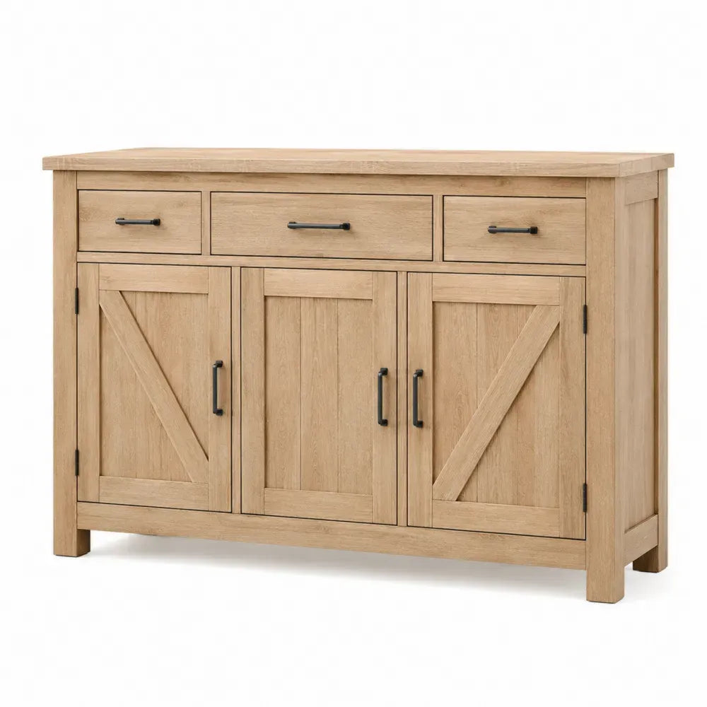 Aparador buffet de MDF acabado roble natural con tres cajones tres puertas tipo granero y tiradores negros 150 x 40 x 80 cm