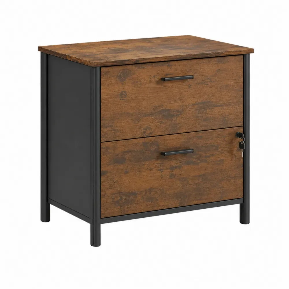 Archivador de dos cajones con cerradura estructura de acero y tablero de partículas rectangular marrón madera y negro 70 x 45 x 50 cm