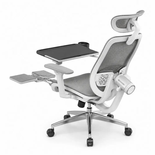 Silla de oficina ergonómica giratoria con respaldo de malla estructura PP blanca base metálica bandeja abatible y reposapiés extensible 70 x 75 x 125 cm