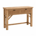 Mesa consola de MDF con chapa de roble natural dos cajones acanalados tiradores negros y estructura reforzada 110 x 35 x 80 cm