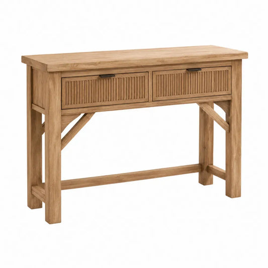 Mesa consola de MDF con chapa de roble natural dos cajones acanalados tiradores negros y estructura reforzada 110 x 35 x 80 cm