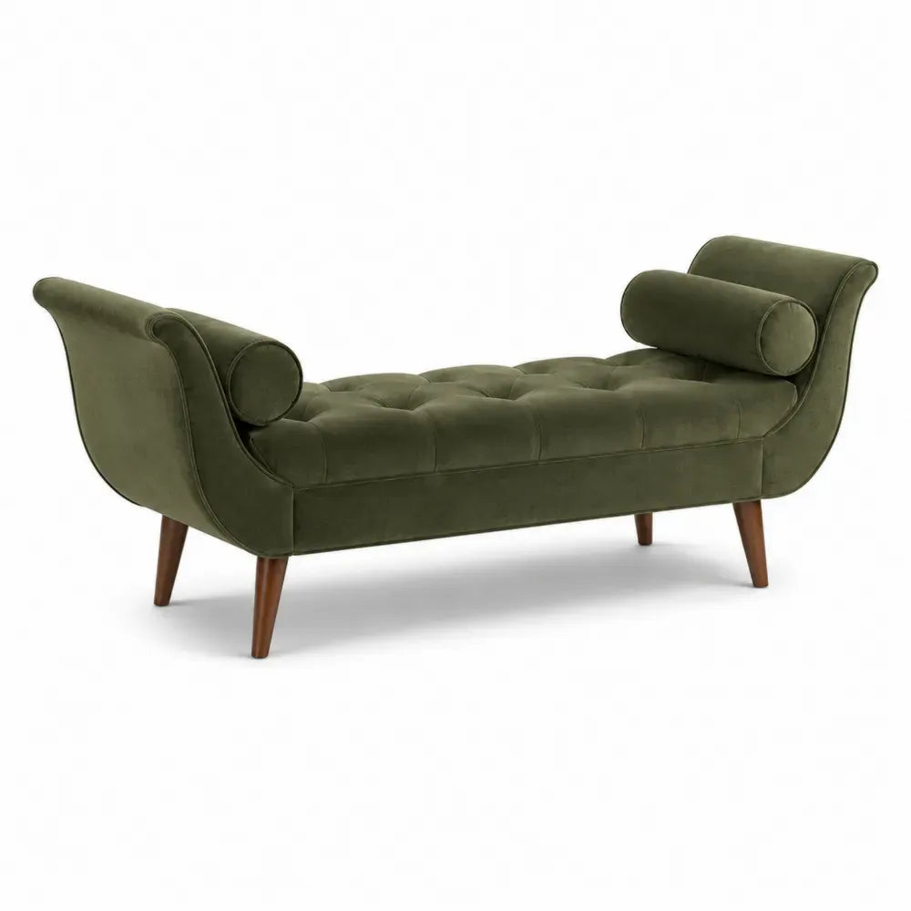 Banco chaise longue tapizado en terciopelo de poliéster verde oliva con brazos curvados cojines cilíndricos y patas de madera 170 x 75 x 78 cm