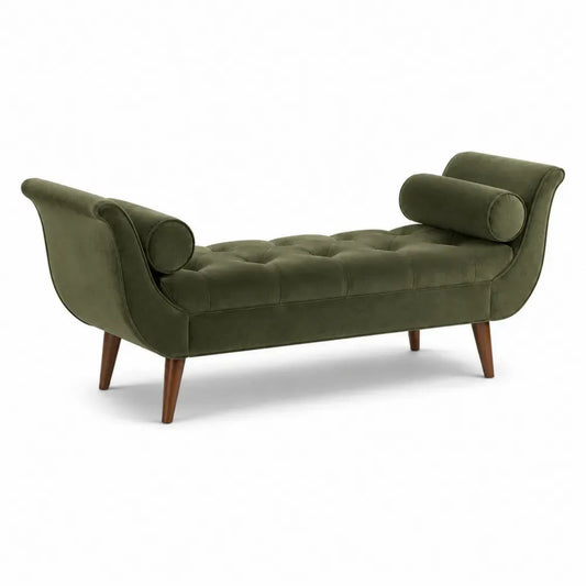 Banco chaise longue tapizado en terciopelo de poliéster verde oliva con brazos curvados cojines cilíndricos y patas de madera 170 x 75 x 78 cm