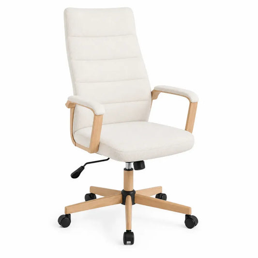 Silla de oficina giratoria ajustable en altura con tapizado de poliéster beige claro reposabrazos de madera y base con ruedas 65 x 65 x 120 cm