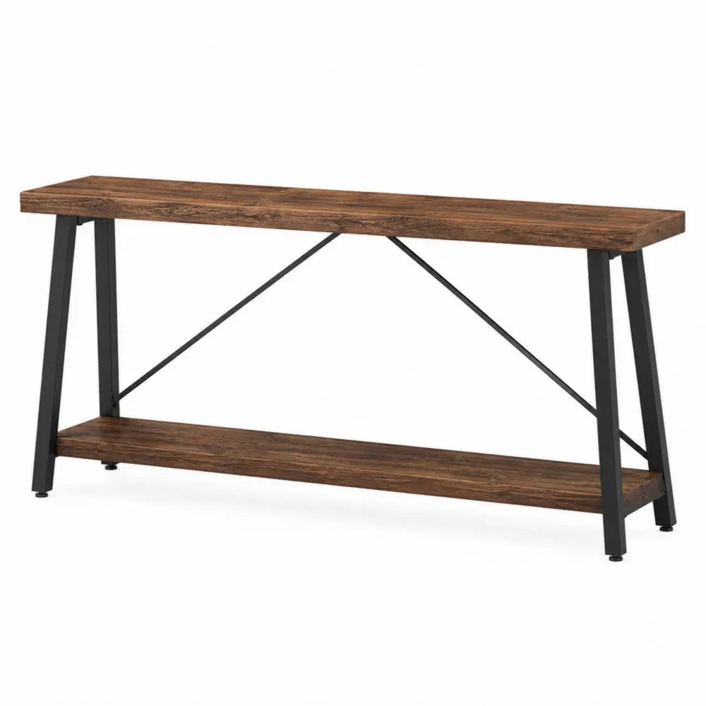 Mesa consola rectangular de MDF y metal con estante inferior estructura industrial madera natural negro 140 cm x 35 cm x 80 cm