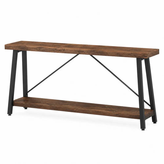 Mesa consola rectangular de MDF y metal con estante inferior estructura industrial madera natural negro 140 cm x 35 cm x 80 cm