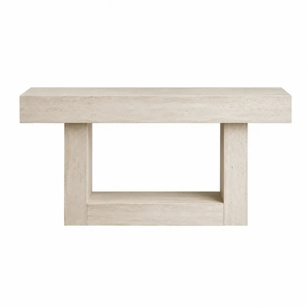 Mesa consola rectangular efecto travertino beige con estante inferior integrado 120 x 35 x 80 cm