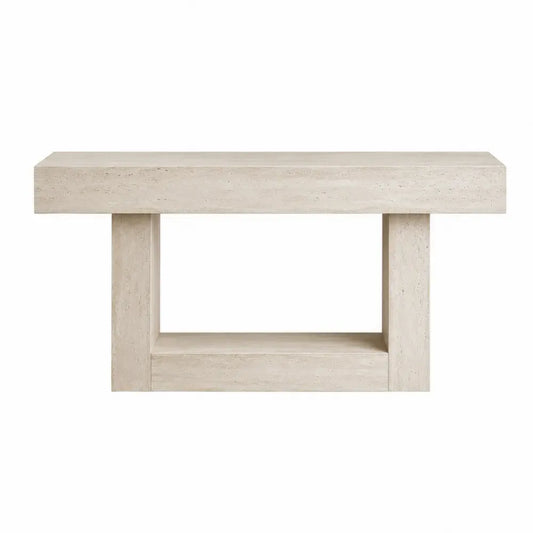 Mesa consola rectangular efecto travertino beige con estante inferior integrado 120 x 35 x 80 cm